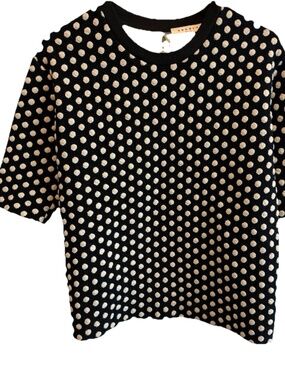 Sandro Black Knit Top with Cream Polka Dots